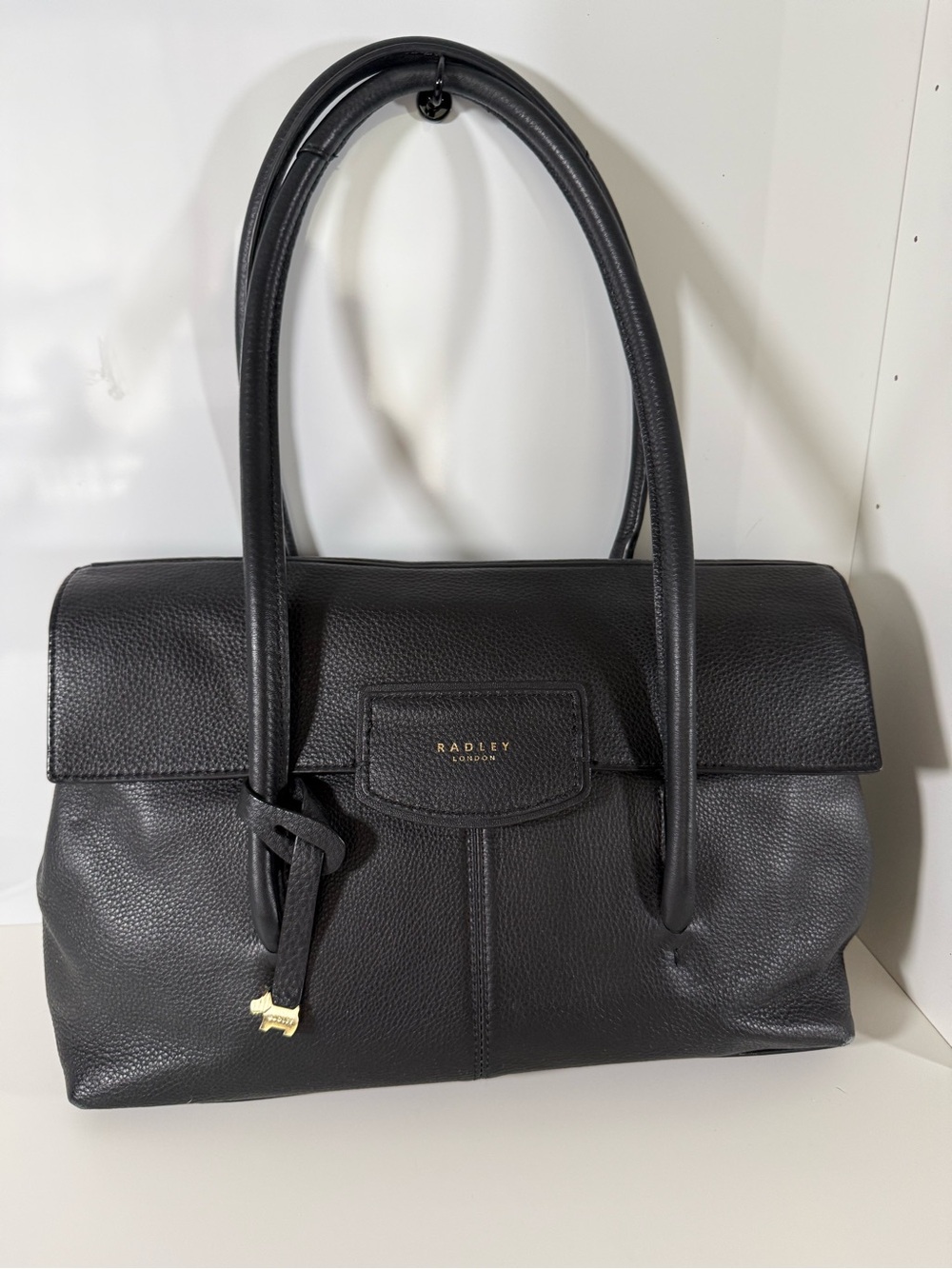 Radley London Black Pebbled Leather Shoulder Tote Bag Scottie Dog Charm